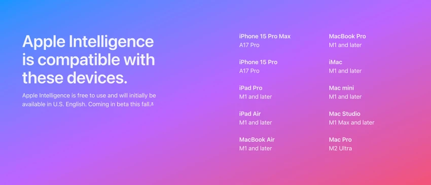 Danh sách thiết bị tương thích Apple Intelligence. Ảnh: Apple