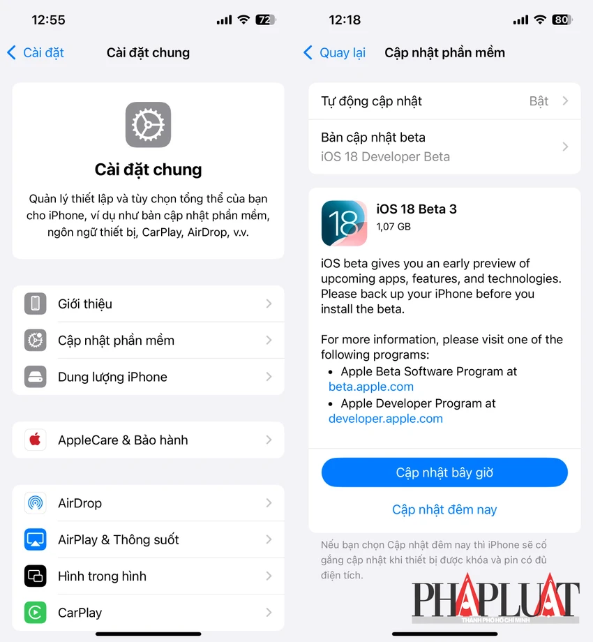 Tải và cập nhật iOS 18 beta 3. Ảnh: MINH HOÀNG