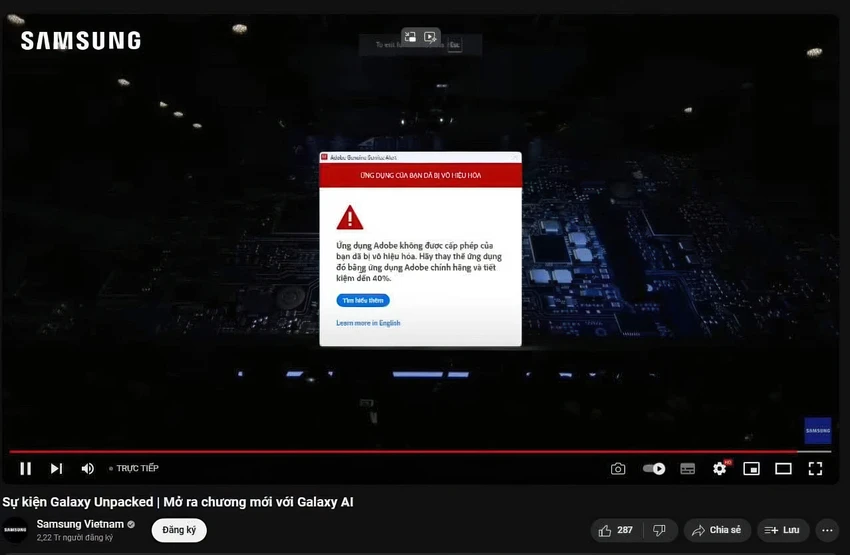 Thông báo bất ngờ xuất hiện trên màn hình buổi livestream Galaxy Unpacked 2024 tại Việt Nam. Ảnh chụp màn hình