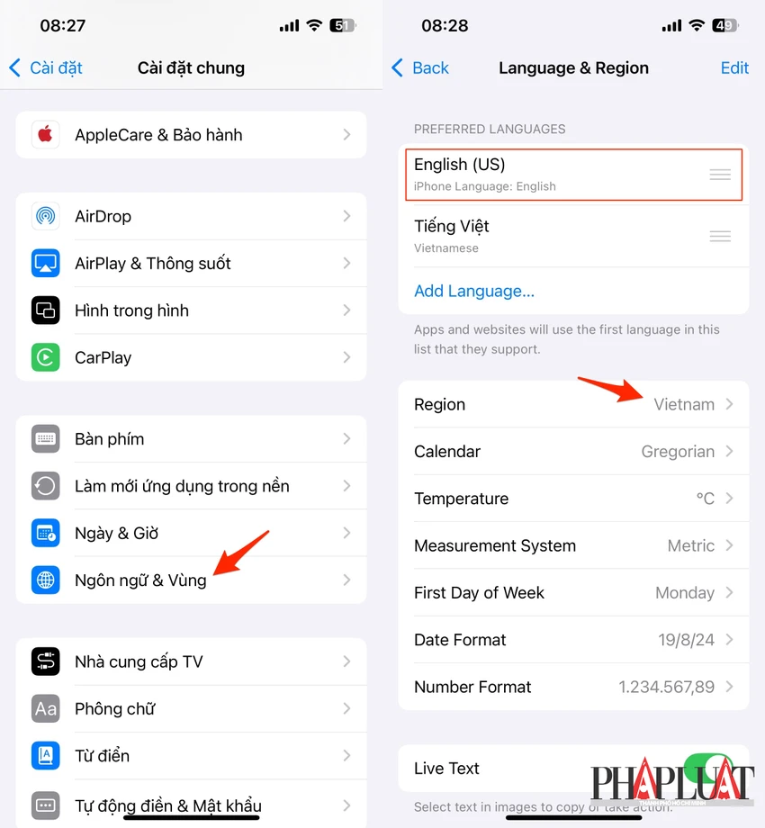 Cách thay đổi ngôn ngữ và vùng trên iPhone. Ảnh: MINH HOÀNG