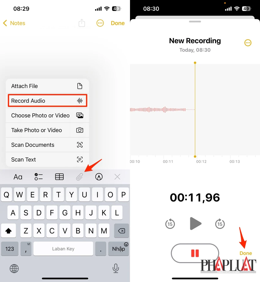 Ghi âm giọng nói trên iPhone. Ảnh: MINH HOÀNG