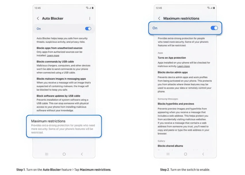 Cách bật tắt tính năng Auto Blocker trên điện thoại Samsung.