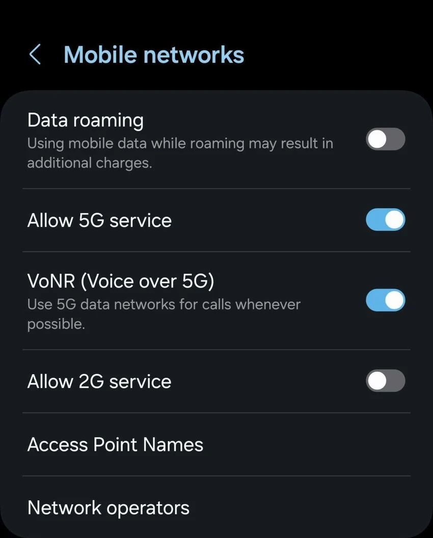 Cách tắt 2G trên điện thoại Samsung để hạn chế tin nhắn lừa đảo. Ảnh chụp màn hình