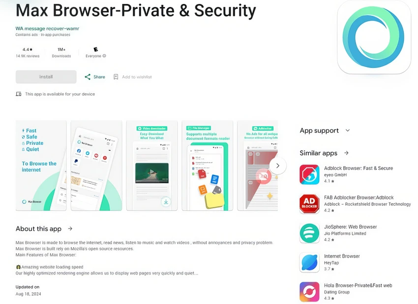 Ứng dụng Max Browser bị nhiễm phần mềm độc hại Necro. Ảnh: Kaspersky