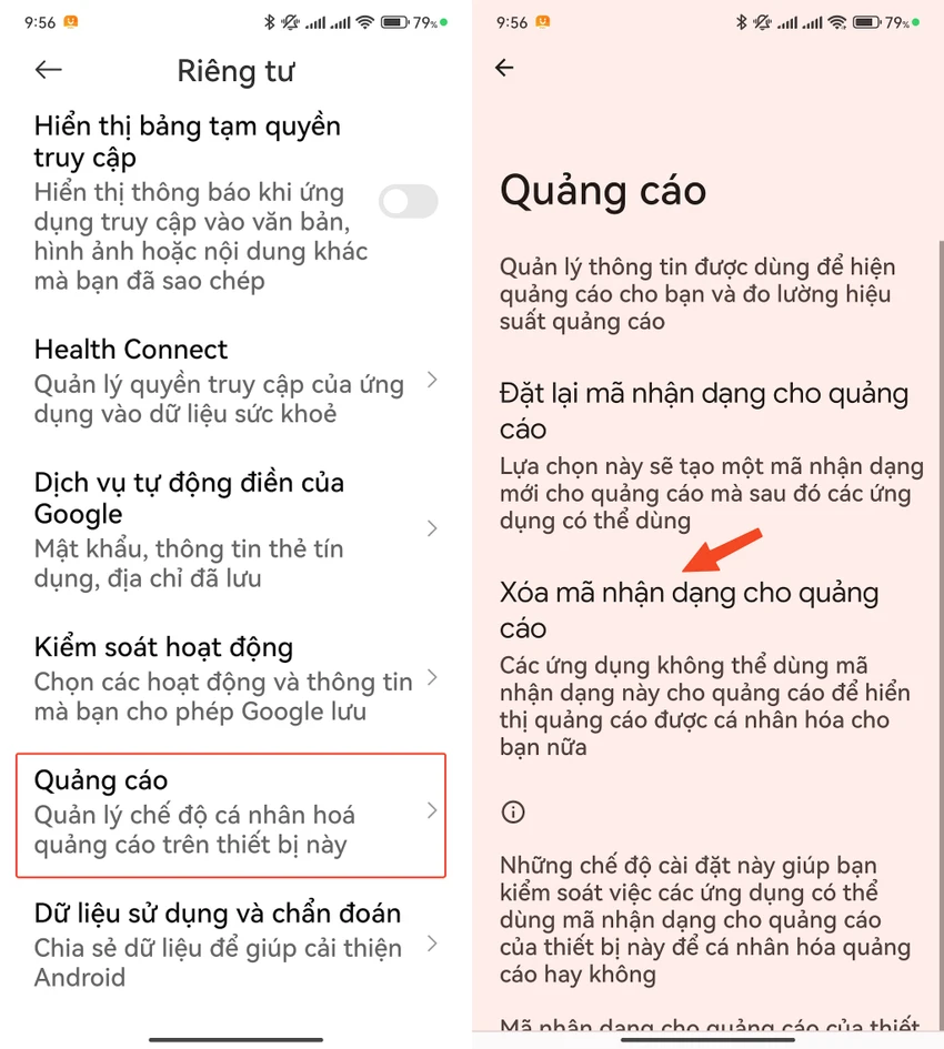 Xóa ID quảng cáo trên điện thoại Android. Ảnh: MINH HOÀNG