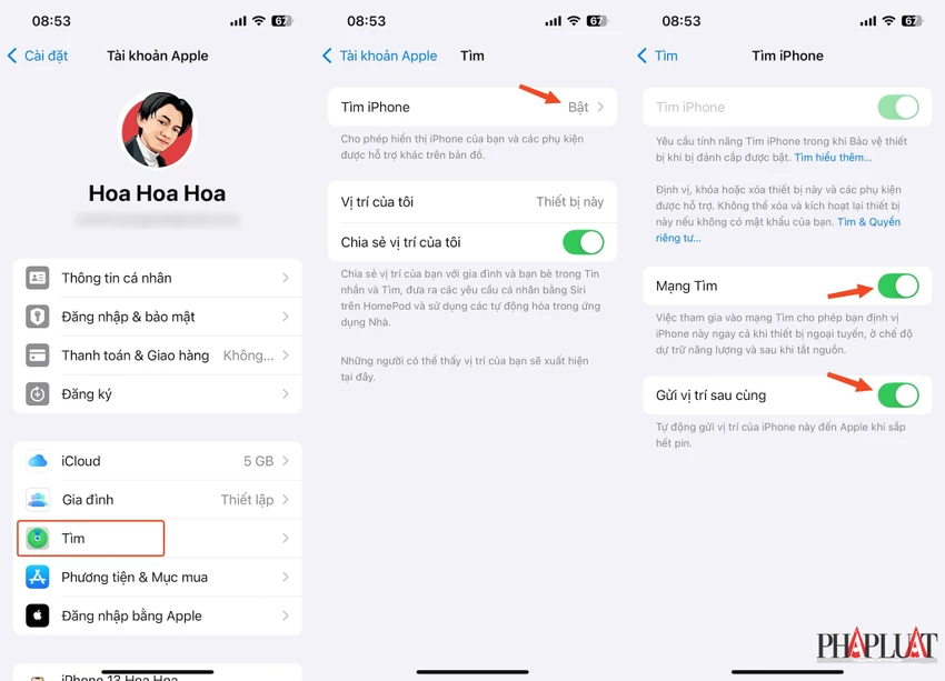 Bật tính năng tìm iPhone để dễ dàng tìm lại thiết bị trong trường hợp bị trộm cắp iPhone. Ảnh: MINH HOÀNG