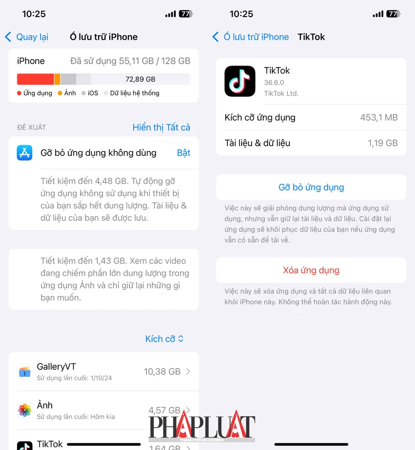 Xóa bớt các ứng dụng không sử dụng để lấy lại không gian cập nhật iOS 18. Ảnh: TIỂU MINH