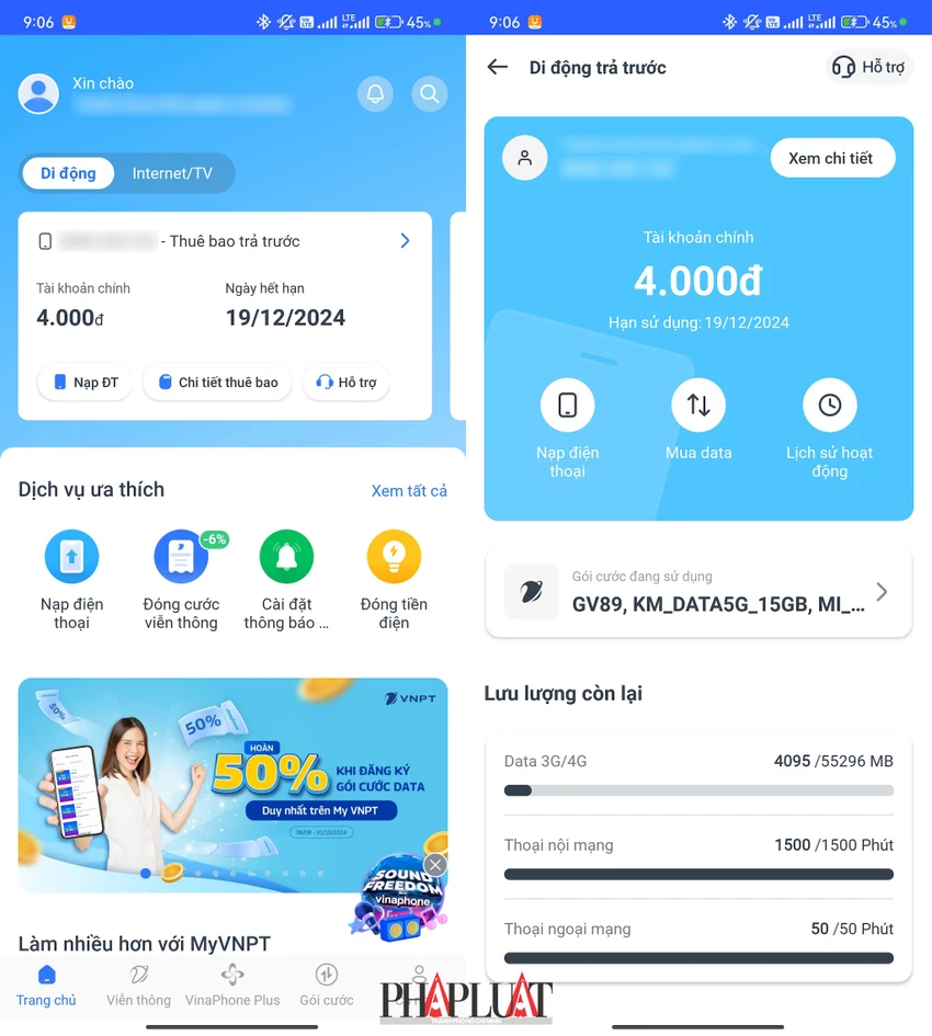 Cách kiểm tra dung lượng 5G VinaPhone còn lại trên ứng dụng My VNPT. Ảnh: MINH HOÀNG