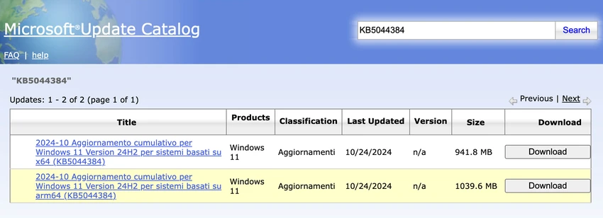 Cài đặt bản vá KB5044384 thông qua Microsoft Update Catalog. Ảnh: TIỂU MINH
