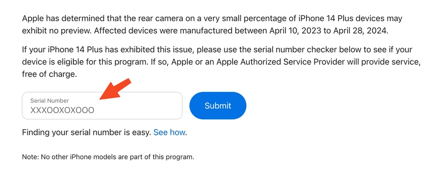 Nhập số sê-ri của iPhone để kiểm tra thiết bị có bị lỗi hay không. Ảnh: TIỂU MINH