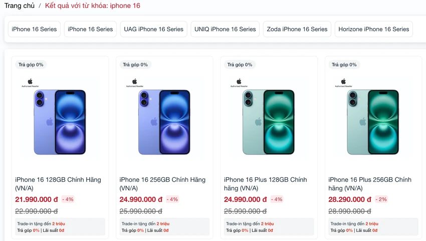 Hiện tại iPhone 16 series đang được bán tại Việt Nam với giá 21,9 triệu đồng cho phiên bản 128 GB. Ảnh: TIỂU MINH