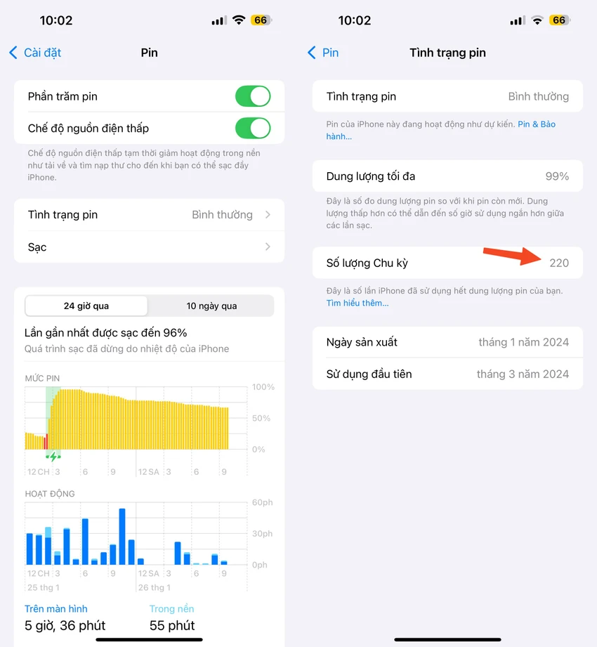Cách xem số chu kỳ sạc pin trên iPhone mới.