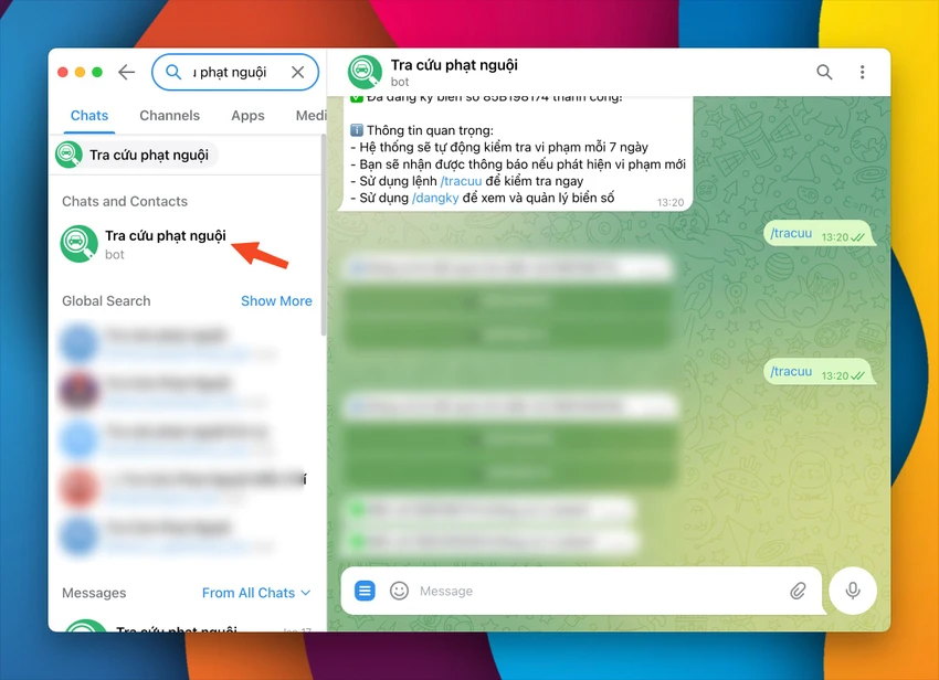 Kết nối với bot Tra cứu phạt nguội trên Telegram. Ảnh: MINH HOÀNG