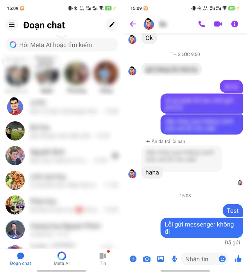 Ứng dụng Messenger bị lỗi, không thể gửi tin nhắn. Ảnh: TIỂU MINH