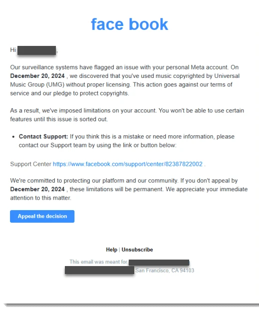 Email lừa đảo giả mạo nhằm đánh cắp thông tin tài khoản Facebook. Ảnh: Check Point