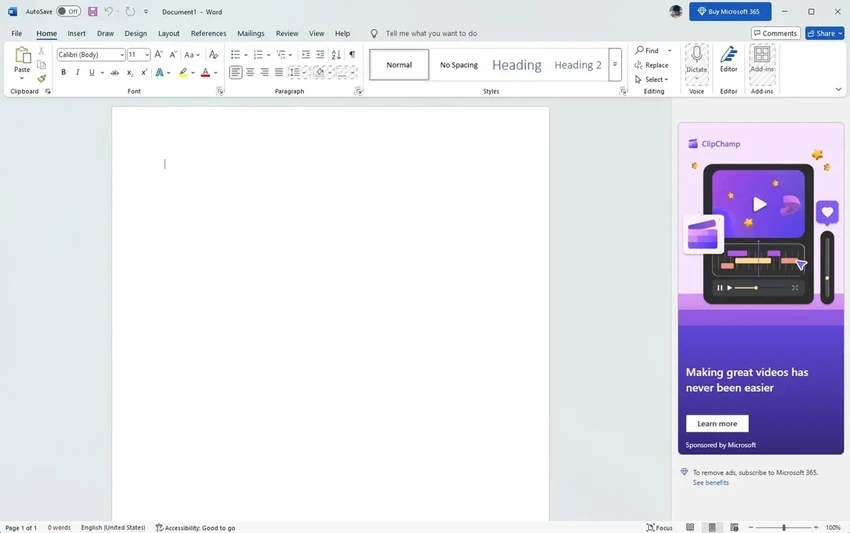 Microsoft Office miễn phí sẽ có quảng cáo ở bên cạnh phải. Ảnh: Beebom