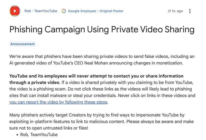 YouTube cảnh báo về trò lừa đảo mới. Ảnh chụp màn hình