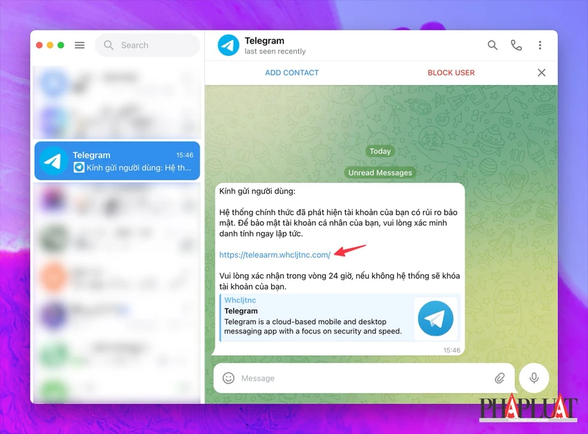 Tin nhắn giả mạo, thông báo tài khoản Telegram bị hack, lừa người dùng nhấp vào liên kết. Ảnh: MINH HOÀNG