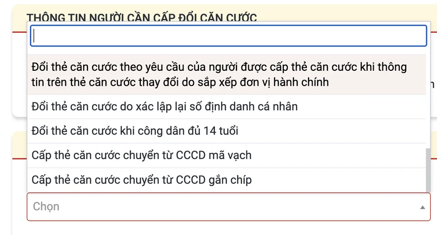 Chọn lý do cấp thẻ căn cước mới. Ảnh: MINH HOÀNG