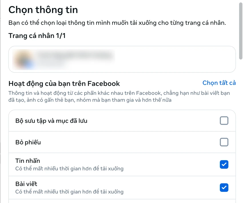 Chọn loại dữ liệu cá nhân trên Facebook cần tải về. Ảnh: MINH HOÀNG