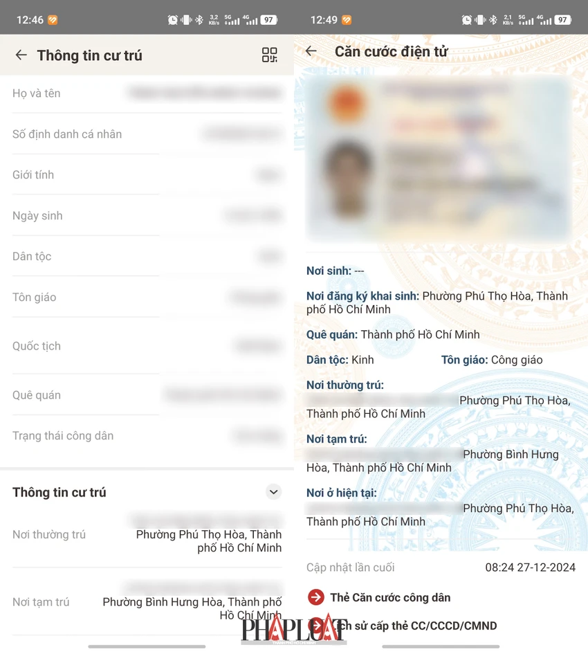 Ứng dụng VNeID 2.2.0 đã cập nhật thông tin địa chính mới trong phần Căn cước điện tử và Thông tin cư trú. Ảnh: MINH HOÀNG