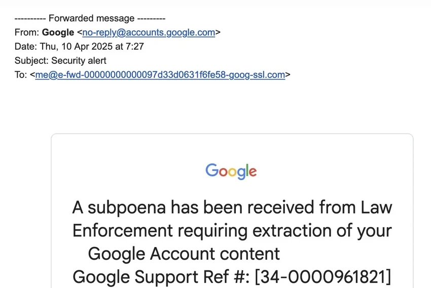 Email giả mạo để đánh cắp tài khoản Google. Ảnh: EasyDMARC