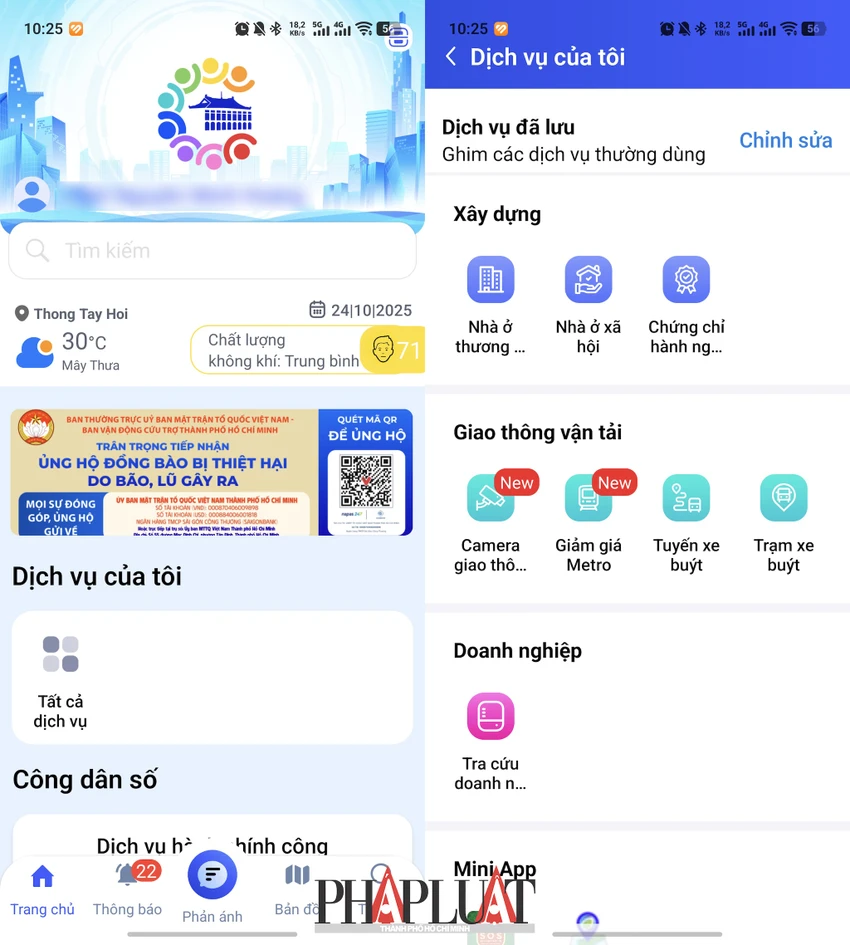 Ứng dụng Công dân số TP.HCM cung cấp khá nhiều tiện ích và công cụ hữu ích, trong đó có tính năng theo dõi triều cường, ngập nước thông qua camera giao thông. Ảnh: MINH HOÀNG