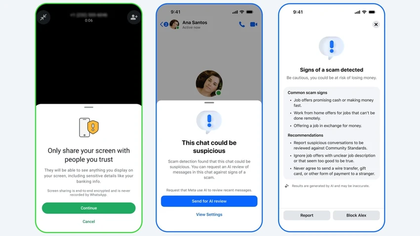 Meta bổ sung tính năng cảnh báo tự động trên WhatsApp và Messenger để giúp người dùng hạn chế bị lừa qua tin nhắn. Ảnh: Meta
