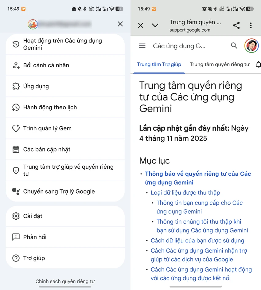 Thay đổi cài đặt quyền riêng tư trên ứng dụng Gemini. Ảnh: TIỂU MINH
