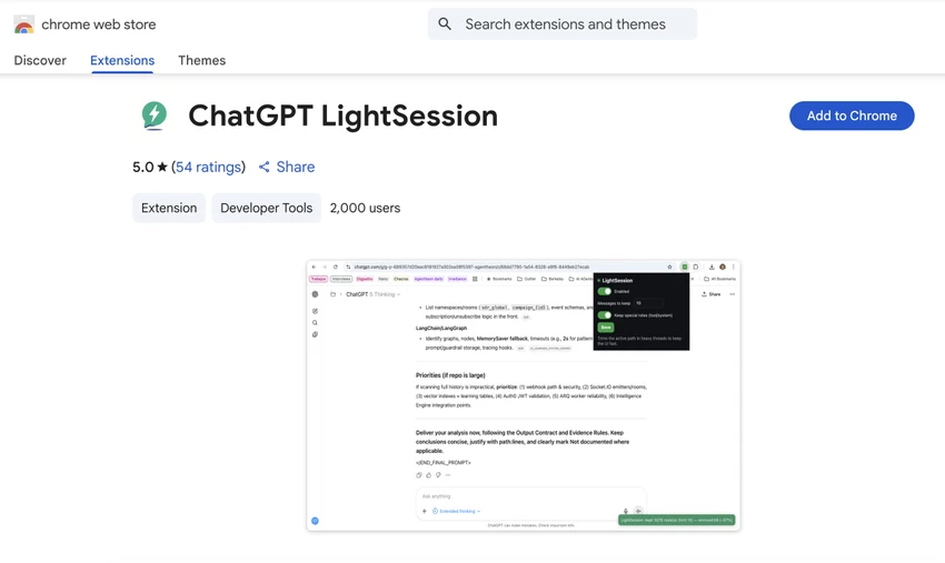 Tiện ích ChatGPT LightSession hiện đang được cung cấp miễn phí, giúp tăng tốc độ trò chuyện khi sử dụng ChatGPT. Ảnh: TIỂU MINH