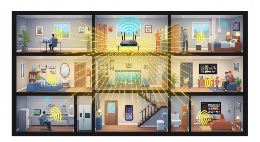 Vị trí lý tưởng để đặt router WiFi thường là trung tâm ngôi nhà.