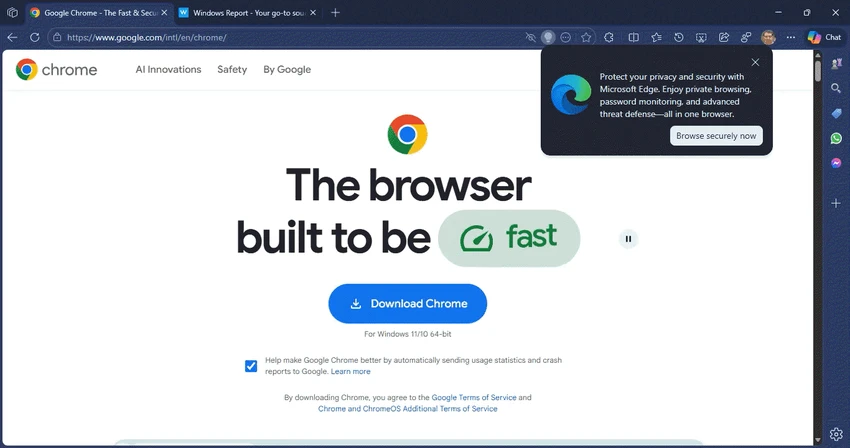 Microsoft hiện cảnh báo khi người dùng cố gắng tải Google Chrome: Ảnh: WindowsReport