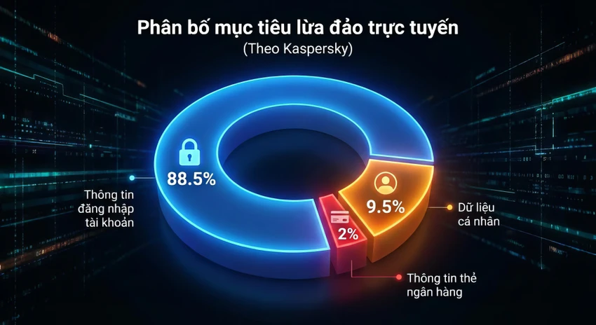Tỉ lệ các cuộc tấn công lừa đảo, được phân loại theo đặc thù của dữ liệu. Ảnh: TIỂU MINH