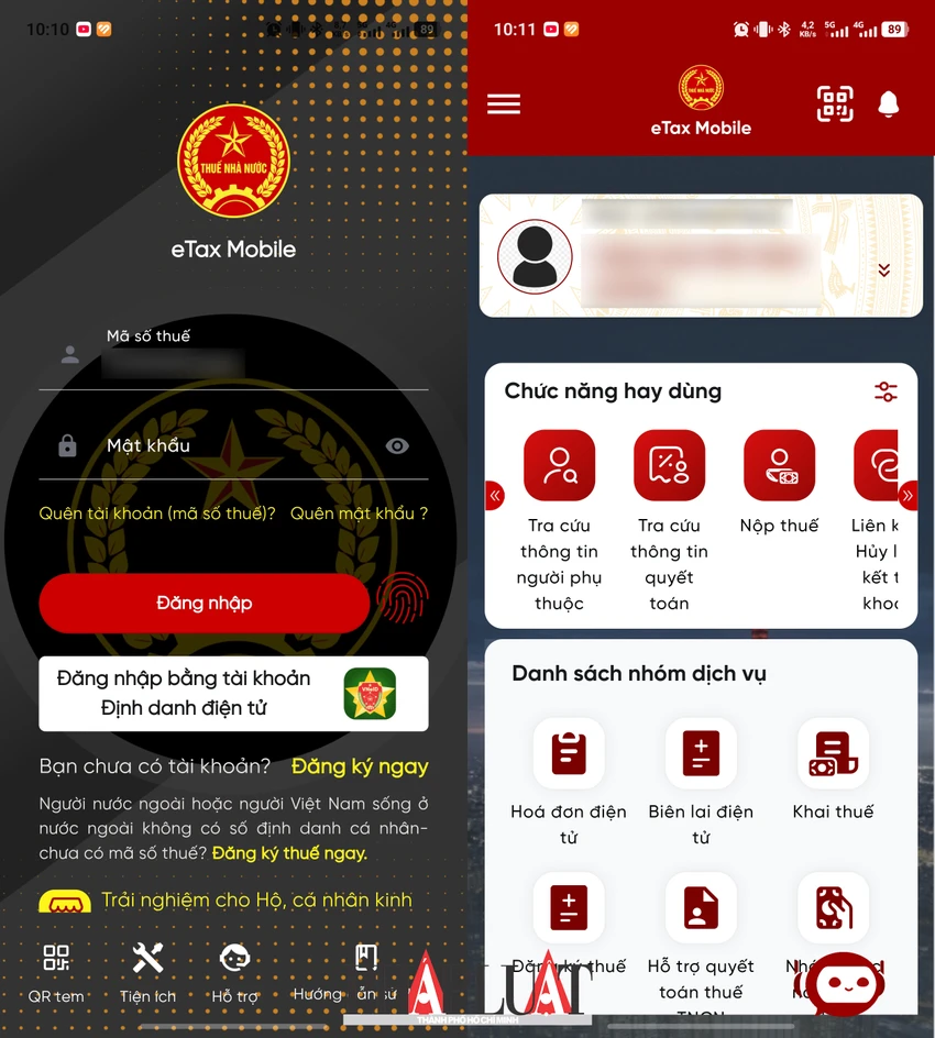 Đăng nhập eTax Mobile bằng ứng dụng VNeID hoặc tạo tài khoản mới. Ảnh: MINH HOÀNG