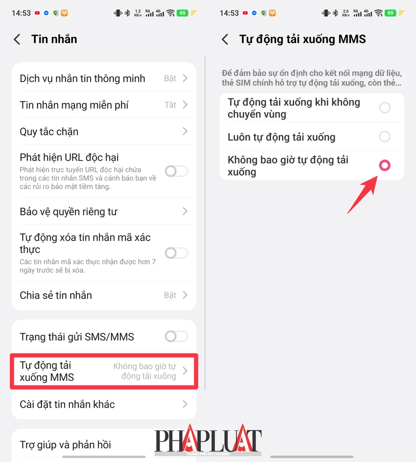 Tắt cài đặt tự động tải xuống MMS trên điện thoại Android. Ảnh: MINH HOÀNG