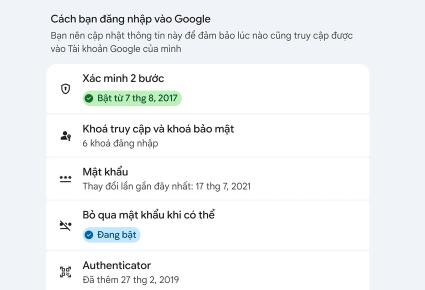 Bật tính năng xác thực 2 bước cho tài khoản Google. Ảnh: MINH HOÀNG