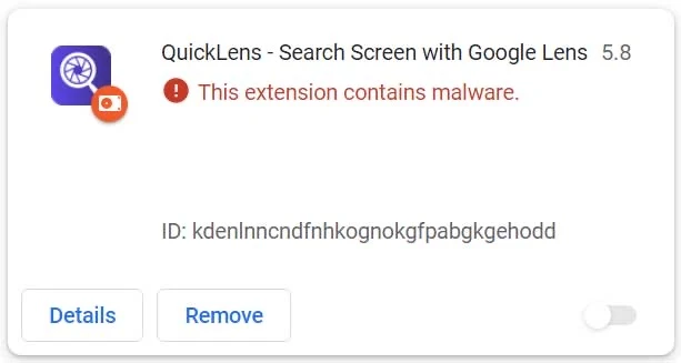 QuickLens bị vô hiệu hóa và bị Chrome gắn cờ là phần mềm độc hại. Ảnh: BleepingComputer