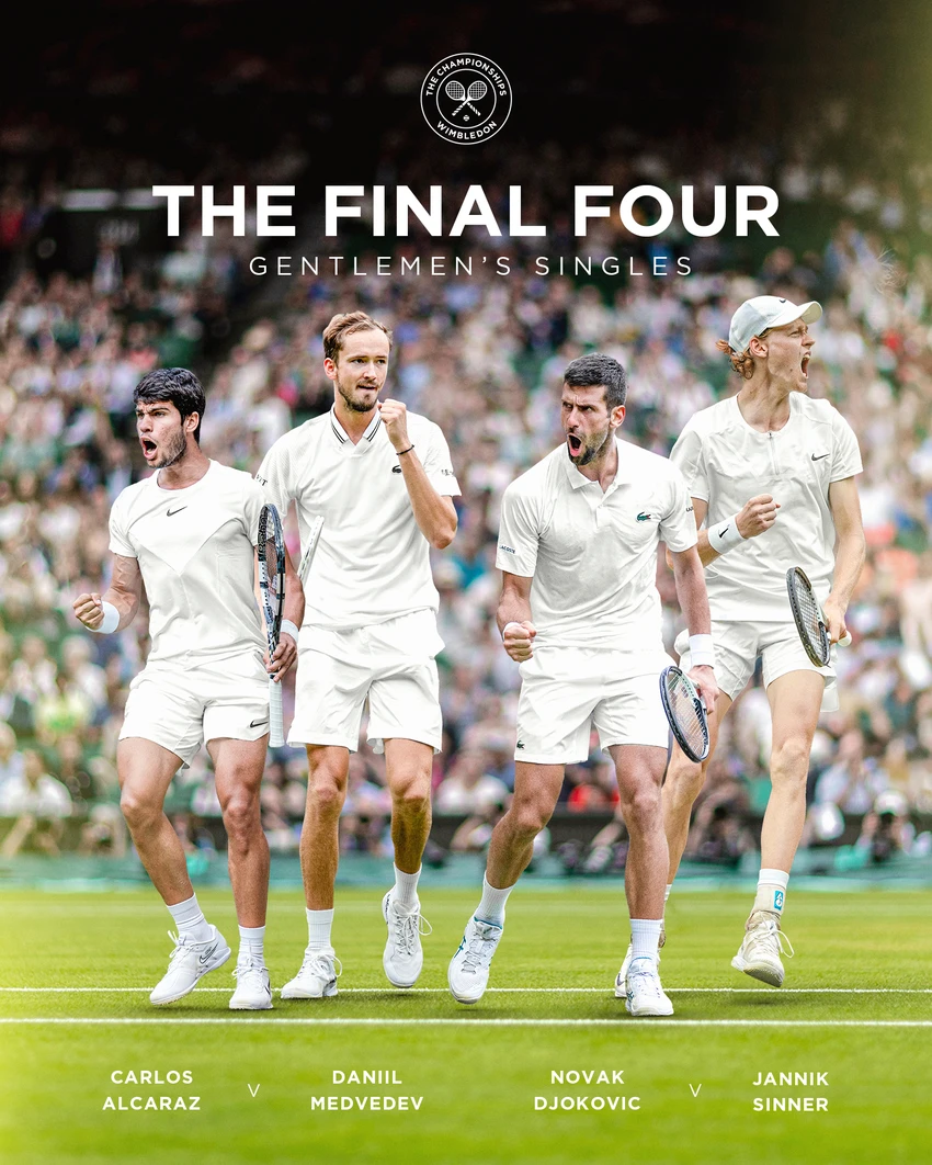 Bốn tay vợt góp mặt trong hai trận bán kết đơn nam. Ảnh: WIMBLEDON Bốn tay vợt góp mặt trong hai trận bán kết đơn nam. Ảnh: WIMBLEDON