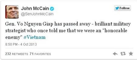 Thượng nghị sĩ McCain ca ngợi Đại tướng Võ Nguyên Giáp ảnh 1 Thượng nghị sĩ McCain ca ngợi Đại tướng Võ Nguyên Giáp ảnh 1