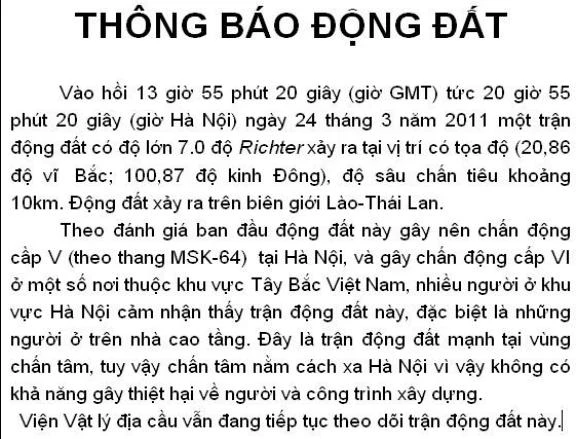 Thông báo động đất cấp 5 của Viện Vật lý Địa cầu VN ảnh 1 Thông báo động đất cấp 5 của Viện Vật lý Địa cầu VN ảnh 1