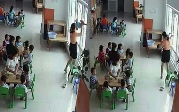 Hình ảnh cô Đ dốc ngược trẻ và dọa ném trẻ qua cửa sổ 