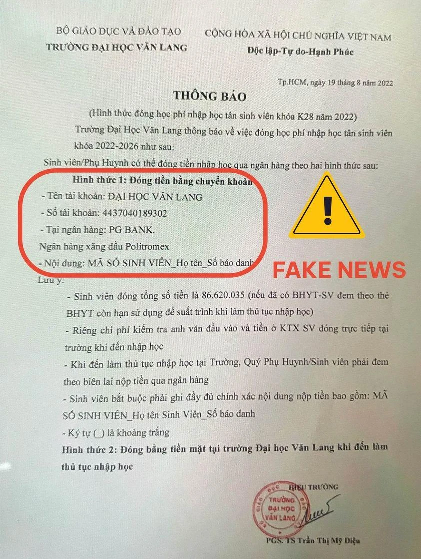 Thông báo giả mạo đóng học phí đang được đăng tải để lừa sinh viên.