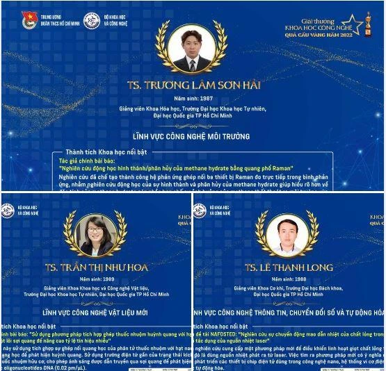 Ba giảng viên trẻ của ĐH Quốc gia TP.HCM đạt giải thưởng Quả Cầu vàng năm 2022. Ảnh: ĐHQG Ba giảng viên trẻ của ĐH Quốc gia TP.HCM đạt giải thưởng Quả Cầu vàng năm 2022. Ảnh: ĐHQG