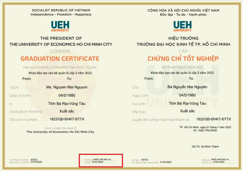 Mẫu chứng chỉ/giấy chứng nhận điện tử sẽ được cấp cho người học. Mẫu chứng chỉ/giấy chứng nhận điện tử sẽ được cấp cho người học.