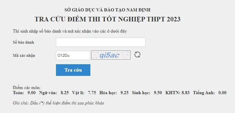 Kết quả điểm cao ngất của một thí sinh ở Nam Định Kết quả điểm cao ngất của một thí sinh ở Nam Định