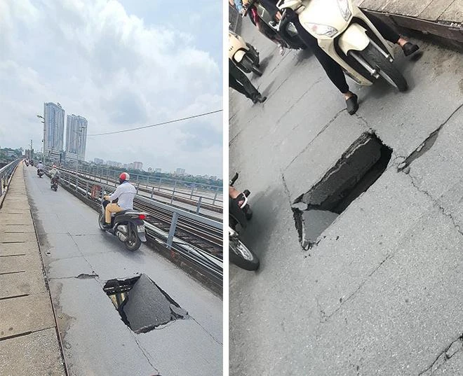 Khu vực xuất hiện lỗ thủng trên cầu Long Biên sáng nay. Ảnh: CTV