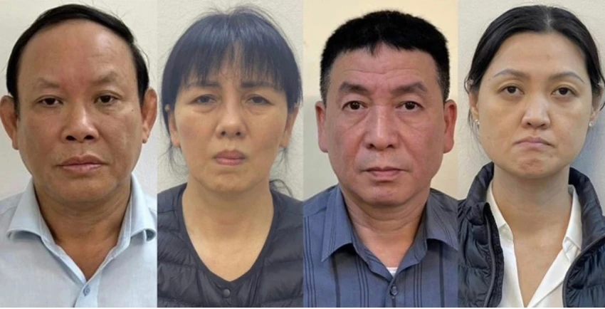 Ông Nguyễn Đức Thái, nguyên chủ tịch hội đồng thành viên Nhà xuất bản Giáo Dục Việt Nam (bìa trái) cùng các đồng phạm. Ảnh BCA Ông Nguyễn Đức Thái, nguyên chủ tịch hội đồng thành viên Nhà xuất bản Giáo Dục Việt Nam (bìa trái) cùng các đồng phạm. Ảnh BCA