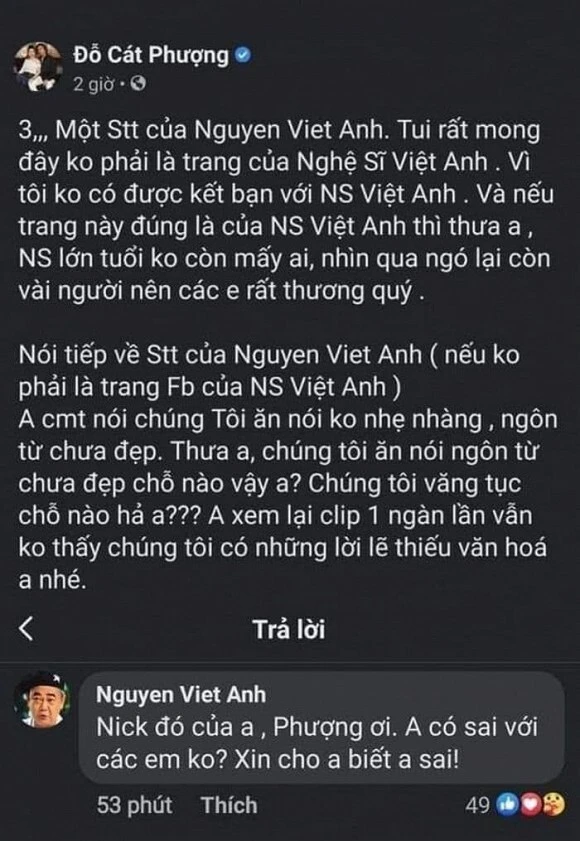 Cát Phượng xin lỗi nghệ sĩ Việt Anh sau phát ngôn trên MXH ảnh 2 Cát Phượng xin lỗi nghệ sĩ Việt Anh sau phát ngôn trên MXH ảnh 2
