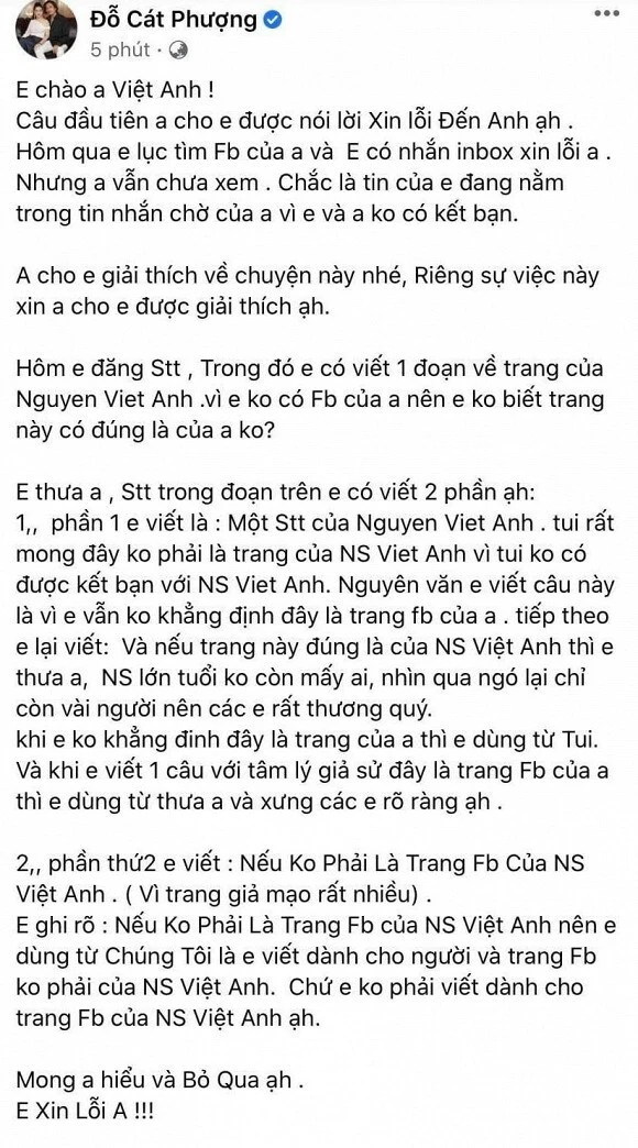 Cát Phượng xin lỗi nghệ sĩ Việt Anh sau phát ngôn trên MXH ảnh 3 Cát Phượng xin lỗi nghệ sĩ Việt Anh sau phát ngôn trên MXH ảnh 3