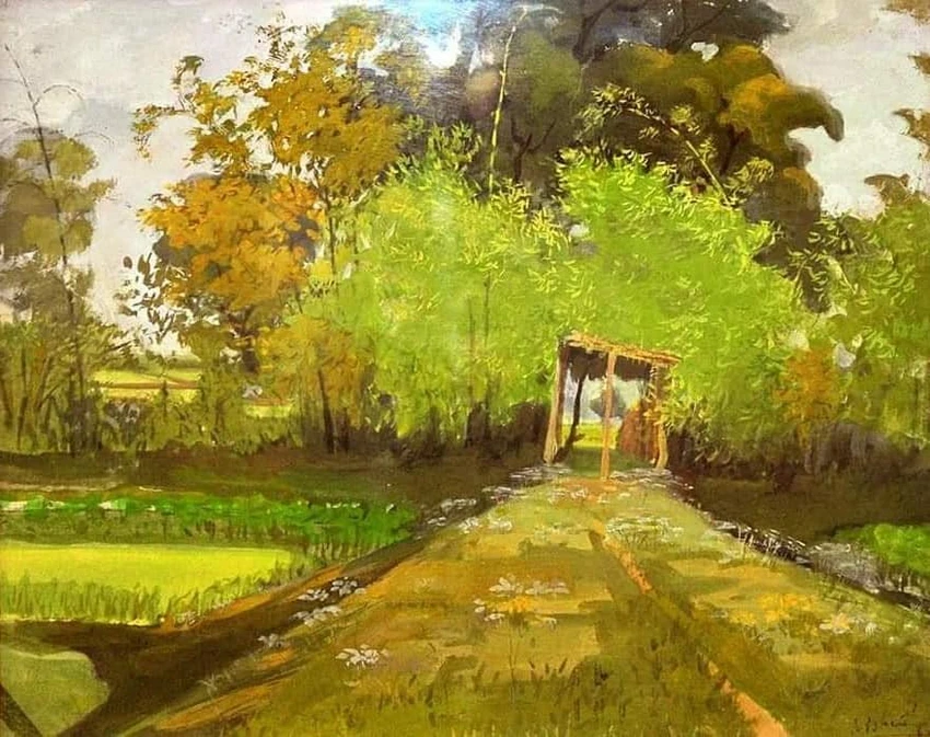 Tác phẩm Cổng làng xưa, tranh Nguyễn Đình Huống. Ảnh: Họa sĩ cung cấp